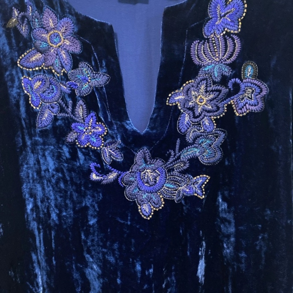 Vtg Chicos Velvet Top Women 3/XL Boho Sapphire Blue Embroidered Chic Blouse Silk - Picture 4 of 12